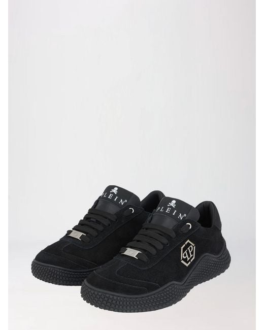 Philipp Plein Black Low Top Leather And Suede Sneakers With Hexagon Logo for men