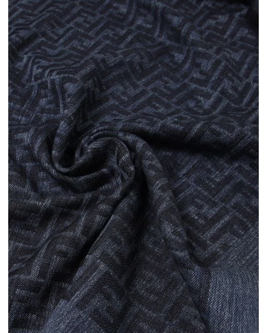 Fendi Blue Ff Cotton And Wool Blend Jacquard Shawl