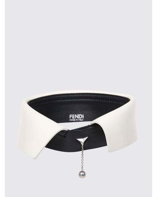 Fendi White Choker-Halskette Aus Glattem Lammleder Mit Zweifarbiger Abstrakter Stickerei