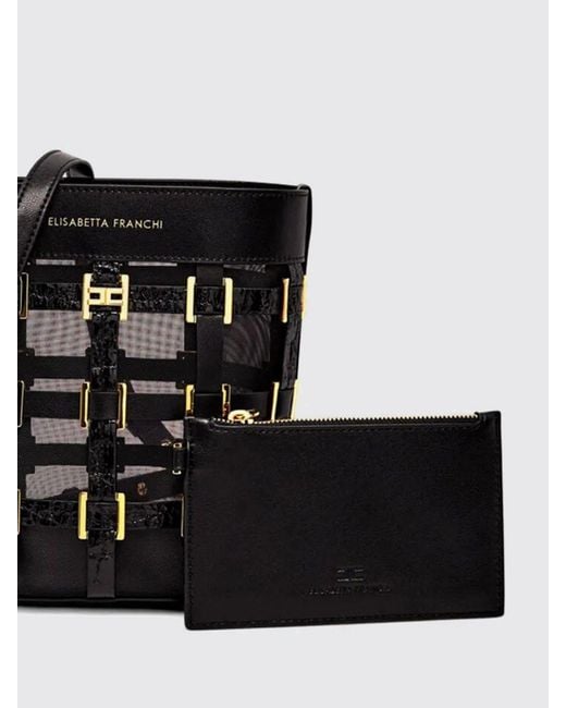 Elisabetta Franchi Black Mesh Bucket Bag With Embroidery And Internal Pouch
