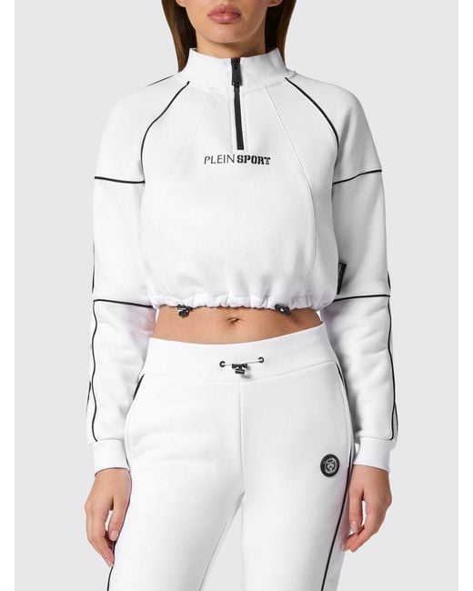 Philipp Plein White Cropped Zip-Up Jersey Sweatshirt With Funnel Neck