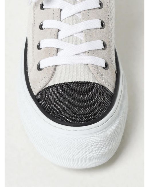 Brunello Cucinelli Natural Sneakers Aus Stretch-Strick Mit Velourslederbesätzen Und Zierperlen