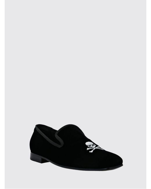 Philipp Plein Black Velvet Loafers With Embroidered Skull for men