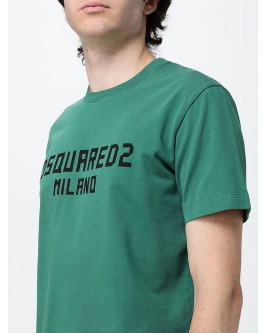 DSquared² Green Short-Sleeved Cotton T-Shirt With Contrasting Logo Print for men