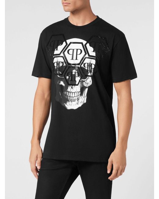 Philipp Plein Black Cotton T-Shirt With Skull Print And Rhinestone Hexagon Logo for men