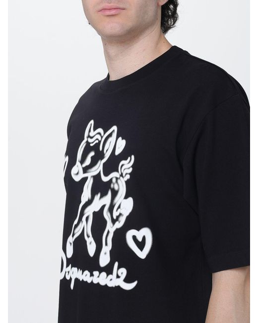 DSquared² Black Short-Sleeved Cotton T-Shirt With Contrast Graphic Print for men