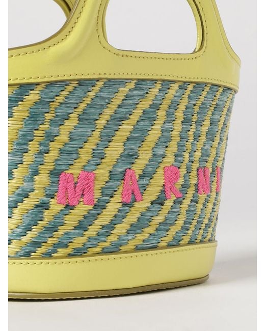 Marni Blue Tropicalia Mini Raffia And Leather Bag With Embroidered Logo
