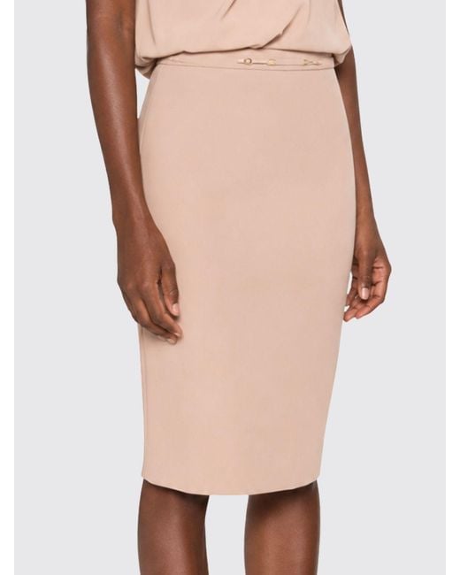 Elisabetta Franchi Natural High-Waisted Crêpe Midi Pencil Skirt With Slit