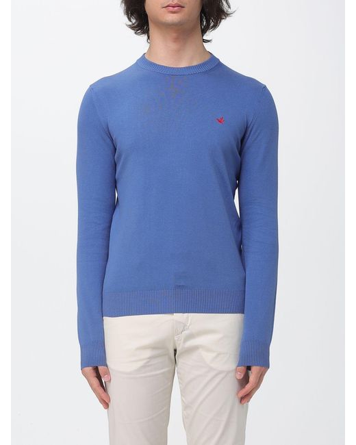 Brooksfield Blue Cotton Crew Neck Sweater With Logo for men