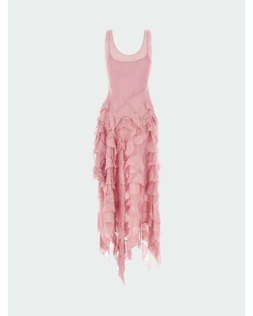 Blumarine Pink Asymmetric Georgette Dress With Ruffles