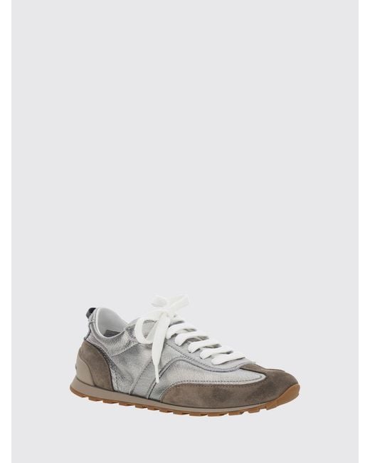 Brunello Cucinelli White Bicolour Laminated And Suede Leather Trainers With Monili