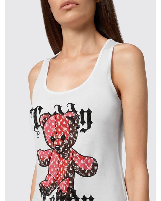 Philipp Plein White Slim Fit Teddy Bear Print Jersey Tank Top With Square Neck