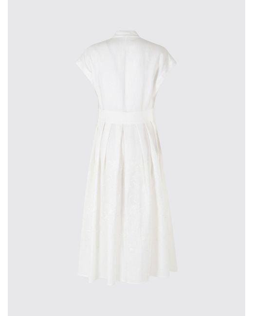 Eleventy White Linen Midi Chemisier Dress With Belt And Mandarin Collar