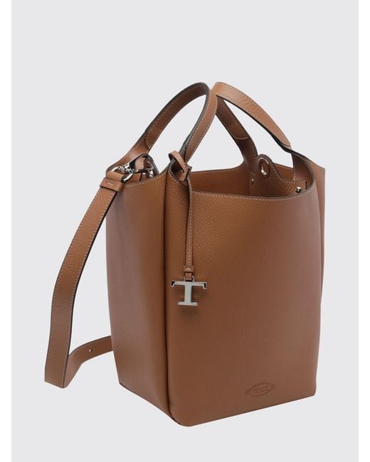 Tod's Brown Hammered Leather Bucket Bag With Double Handle And Charm