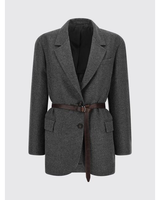 Brunello Cucinelli Gray Single-Breasted Virgin Wool And Cashmere Belted Blazer