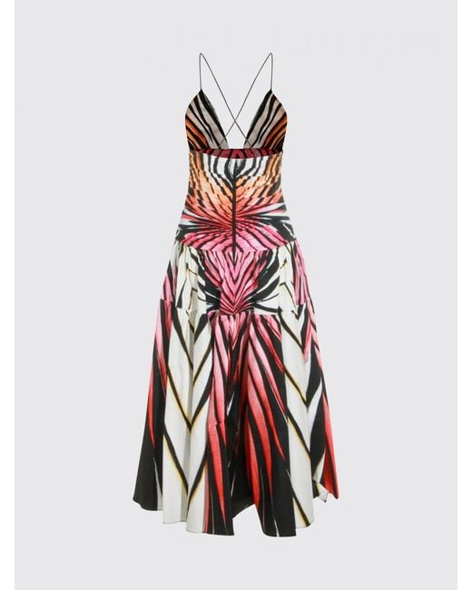 Roberto Cavalli White V-Neck Abstract Print Stretch Cotton A-Line Midi Dress