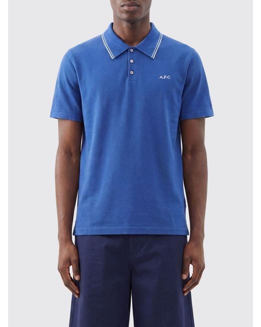 A.P.C. Blue Short-Sleeved Cotton Polo Shirt With Contrast Logo for men