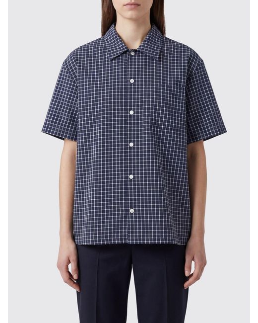 DUNST Blue Check Pattern Cotton-Blend Shirt With Patch Pocket And Dropped Shoulders