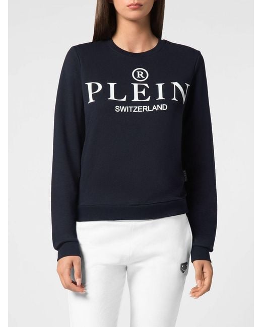 Philipp Plein Blue Crewneck Cotton Sweatshirt With Contrast Logo Print