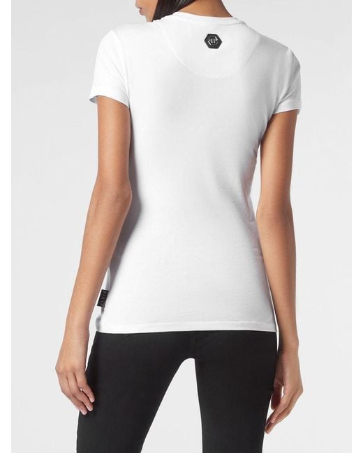 Philipp Plein White Slim Fit Jersey T-Shirt With Rhinestone Skull Print