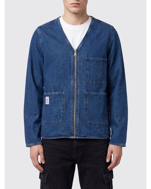 Vision Of Super Blue Cotton Denim Jacket With Zip Closure for men