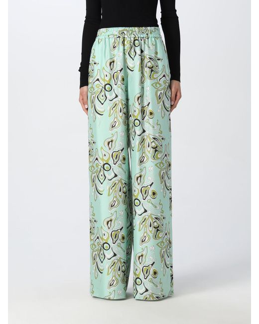 Emilio Pucci Green Silk Twill Wide Pants Wit African Print