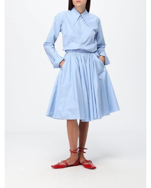 AMI Blue High-Waisted Pleated Cotton Mini Skirt