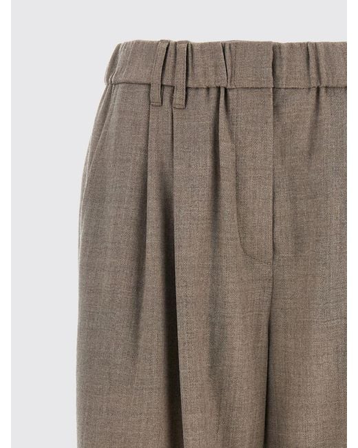 Brunello Cucinelli Natural High-Waisted Virgin Wool Wide Leg Trousers With Monili