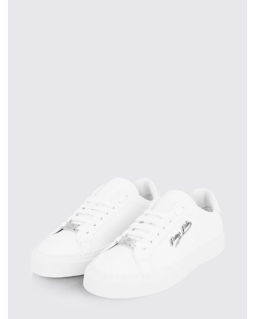 Philipp Plein White Low Top Smooth Leather Sneakers With Applied Metal Logo for men