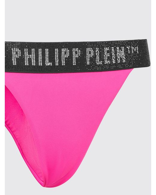 Philipp Plein Pink Lycra Bikini Bottoms With Logo Waistband And Crystals