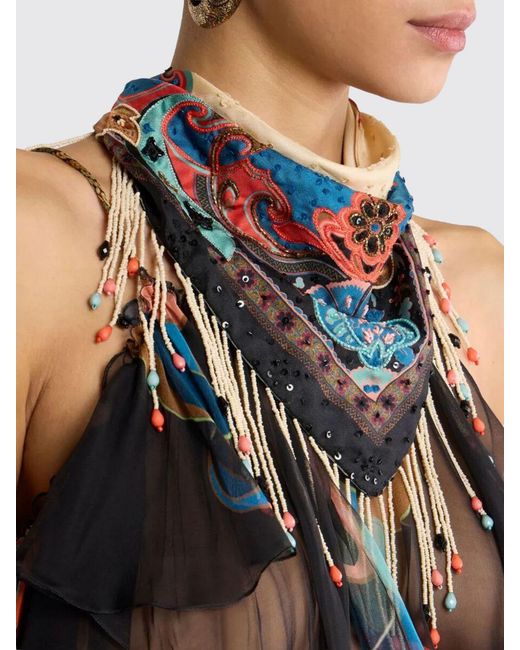 Etro Blue Paisley Print Silk Scarf With Beaded Fringes