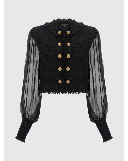 Balmain Black Cropped Tweed Spencer Jacket With Puff Sleeves And Frayed Details