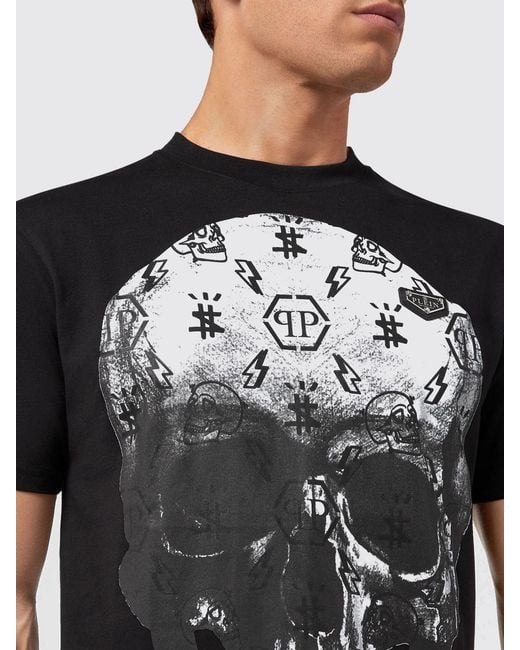 Philipp Plein Black Cotton T-Shirt With Contrasting Back Skull And Logo Print for men