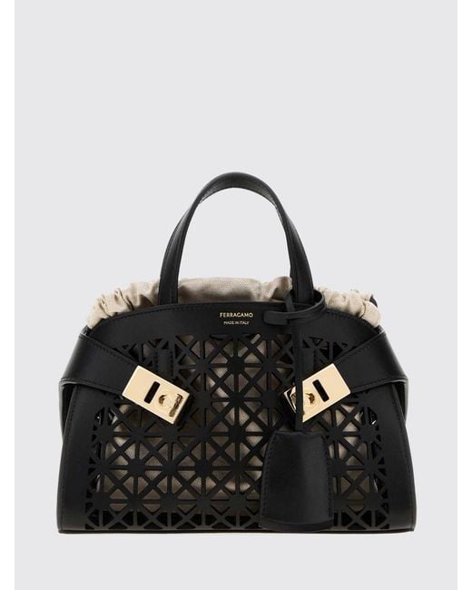 Ferragamo Black Small Hug Perforated Smooth Calfskin Leather Handbag