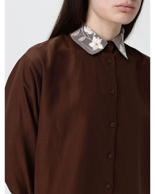 Hanita Brown Linen Blend Shirt With Embroidery