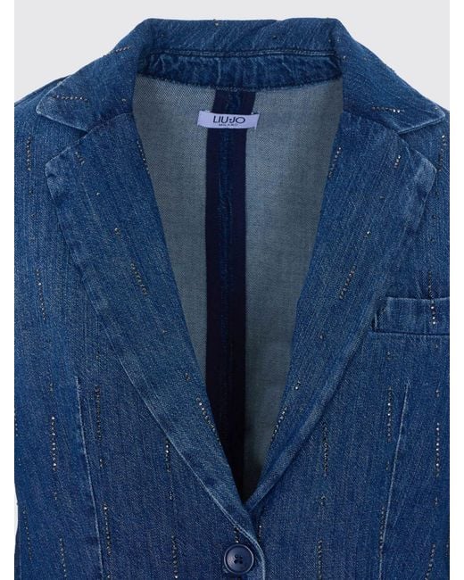 Liu Jo Blue Single-Breasted Denim Blazer With Micro Rhinestones