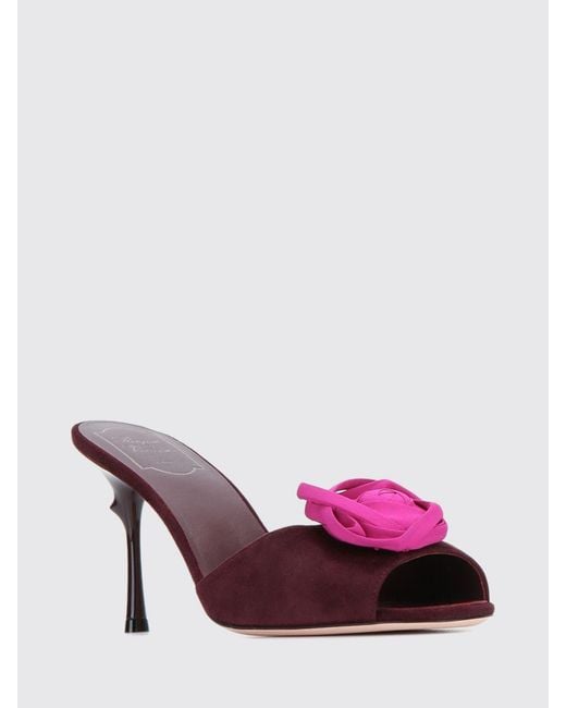 Roger Vivier Pink Epine Rose Embroidered Suede Stiletto Heel Mules Sandals