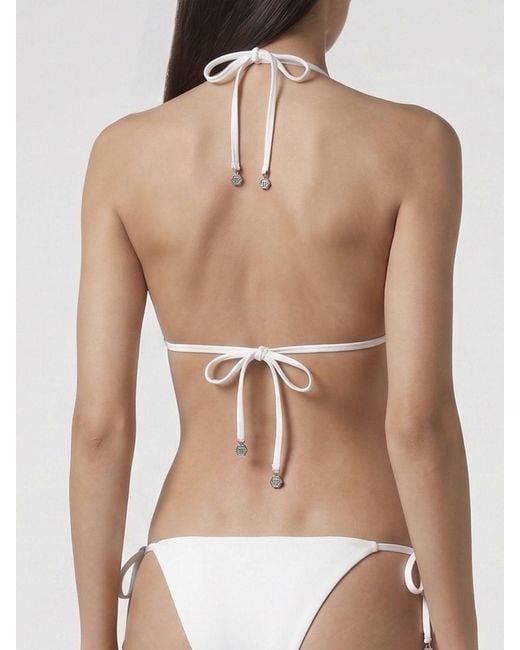 Philipp Plein Natural Triangle Bikini Top With Monogram Print And Hexagon Logo