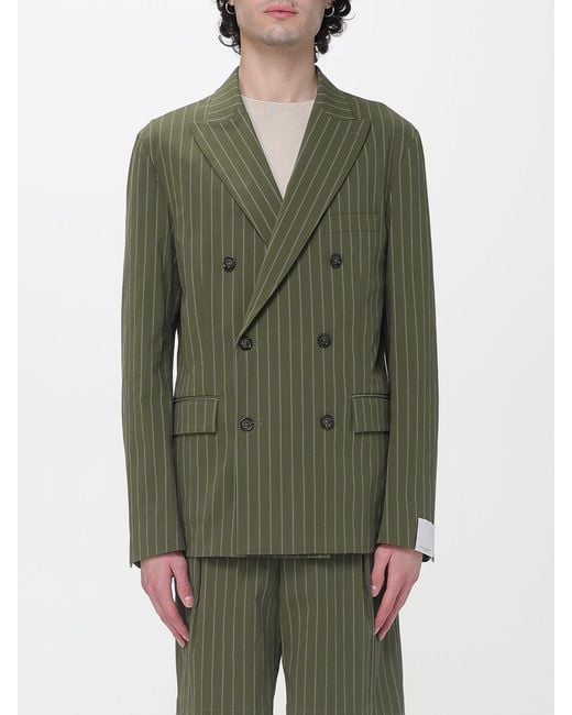 Paolo Pecora Green Pinstriped Cotton Double Breasted Blazer for men