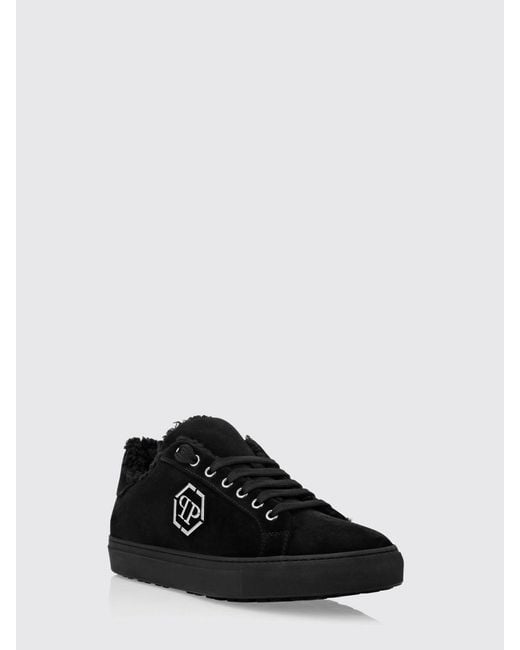 Philipp Plein Black Low-Top Leather And Suede Sneakers With Hexagon Logo And Shearling Lining for men