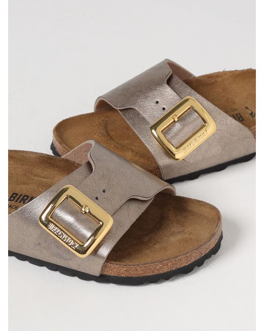 Birkenstock Brown Arizona Metallic Leather Buckle Slides
