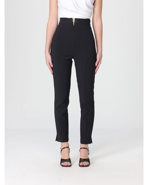 Elisabetta Franchi Blue Double Stretch Crepe Trousers With Logo