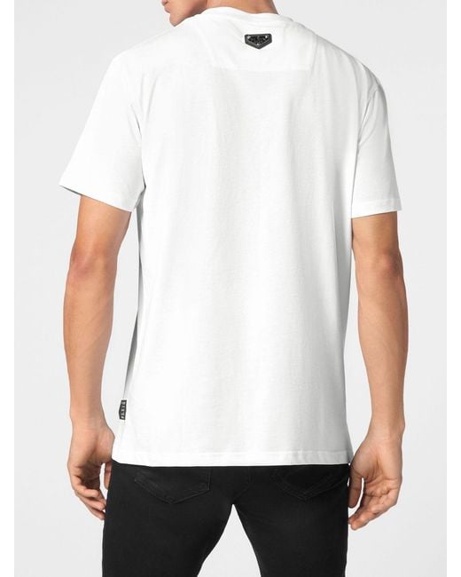 Philipp Plein White Cotton T-Shirt With Graphic Print And Rhinestone Applications for men