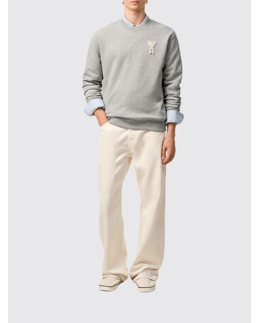 AMI Gray Cotton Crew-Neck Sweatshirt With Logo for men