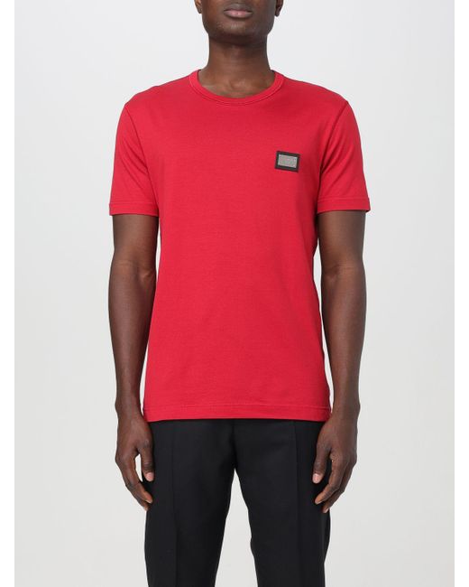 T-shirt in cotone con placca logo di Dolce & Gabbana in Red da Uomo