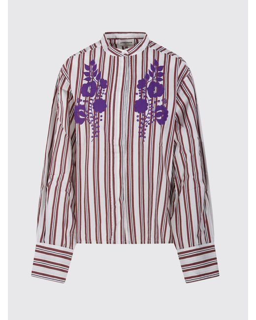 Antik Batik Red Striped Cotton Shirt With Floral Print And Mandarin Collar