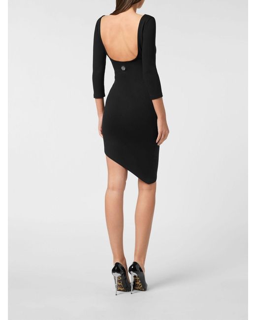 Philipp Plein Black Asymmetric Jersey Sheath Mini Dress With Rhinestone Logo