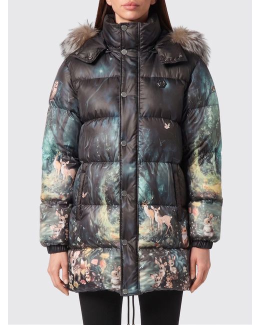 Philipp Plein Gray Printed Nylon Fairy Down Jacket