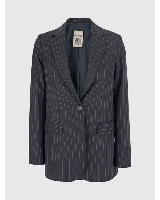 Semicouture Gray Pinstriped Wool-Blend Blazer With A Slim Fit And Single-Button Closure