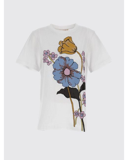 Marni White Cotton T-Shirts With Floral Print